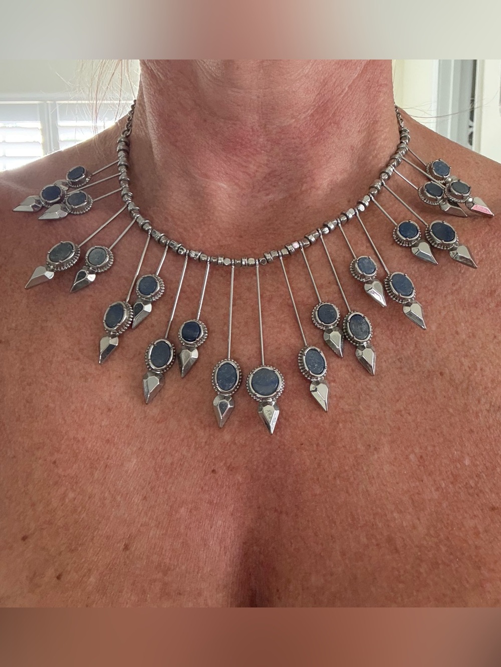 BCBG Sterling Silver Statement Necklace with Blue  Stone Drops